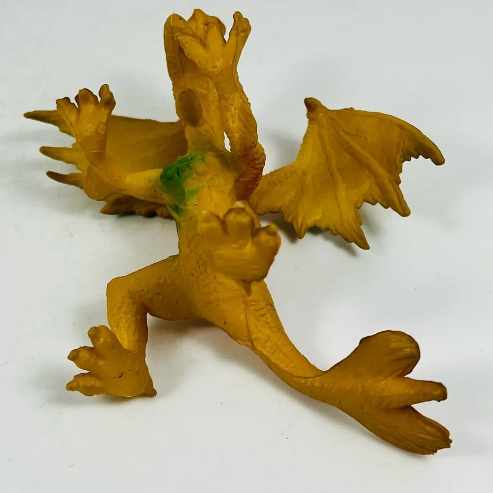 Vintage Plastic Dragon Figure Toy Yellow W/Green And Red 3.5